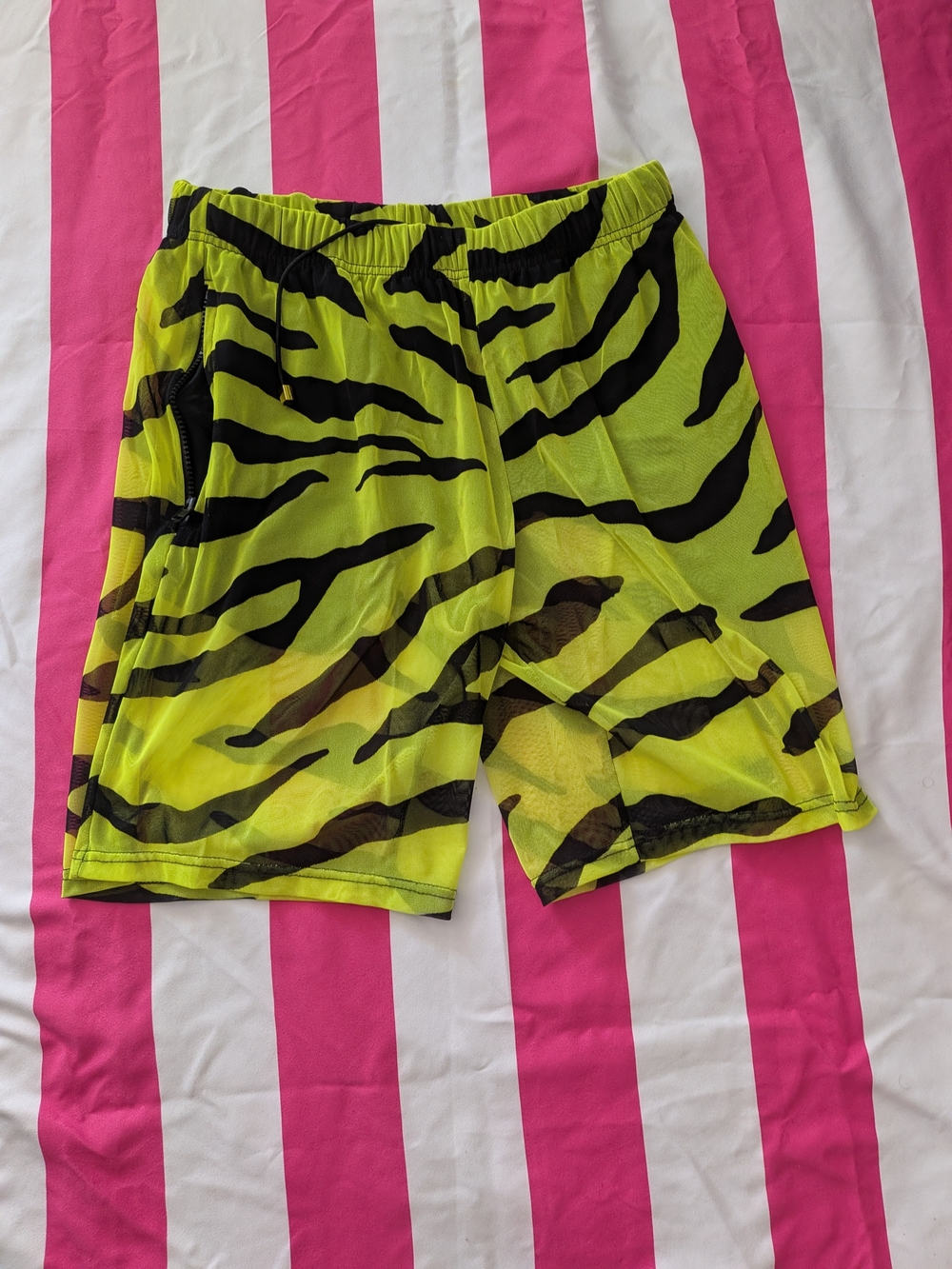 Men's Neon Sheer Yellow Tiger-Print Athletic Shorts with Elastic Waist